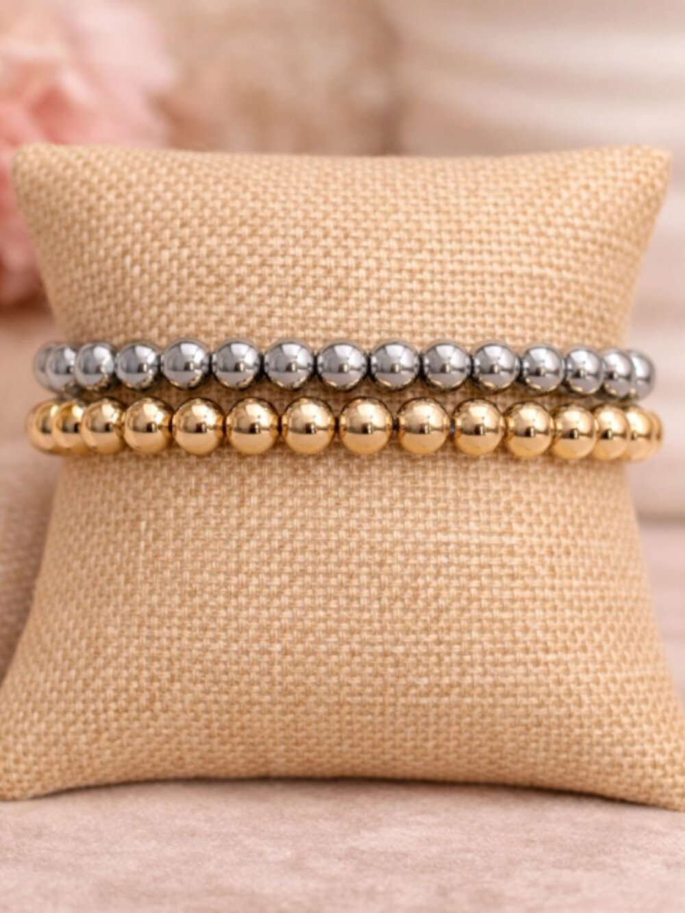 Silver Gold Hematite Beaded Bracelet 8mm Stretch Minimalist Unisex Jewelry